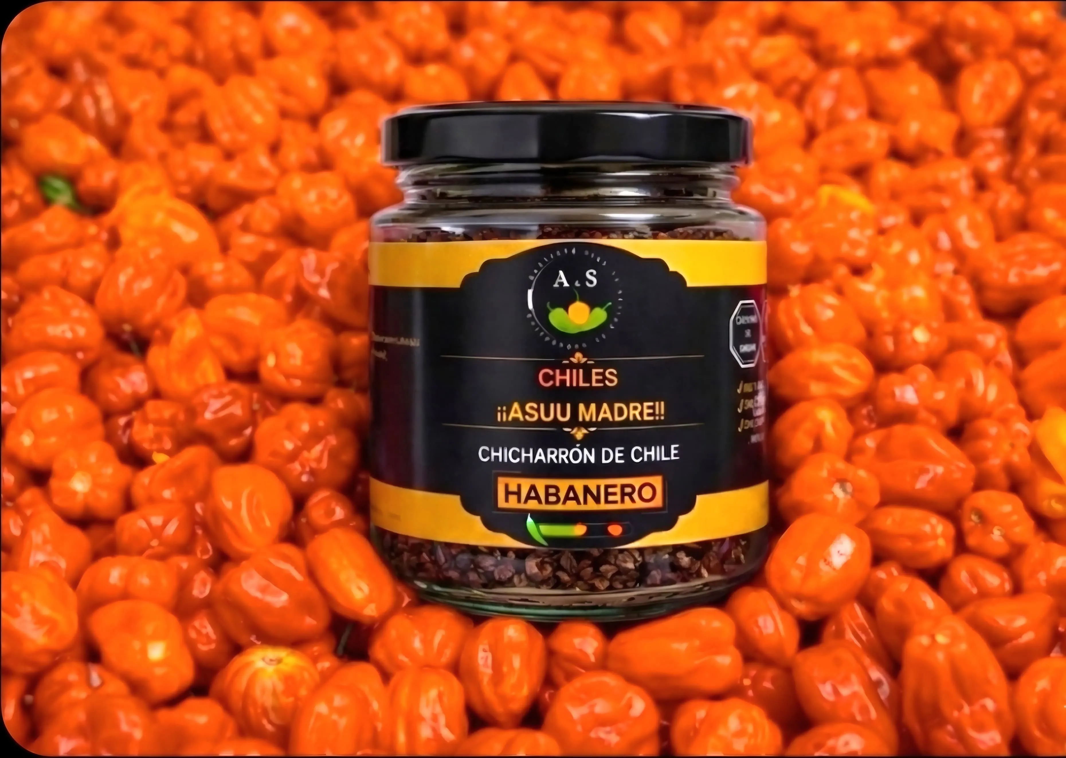 Vibrant orange habanero peppers in a dark wooden bowl with sharp shadows and intense lighting, cinematic food photography