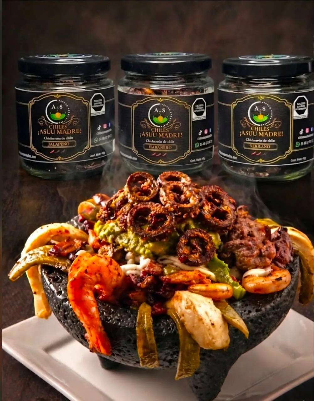gourmet dish topped with glistening red chili crunch oil, visible garlic